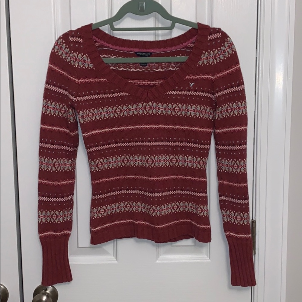 American Eagle Patterned V-Neck Sweater - image 1